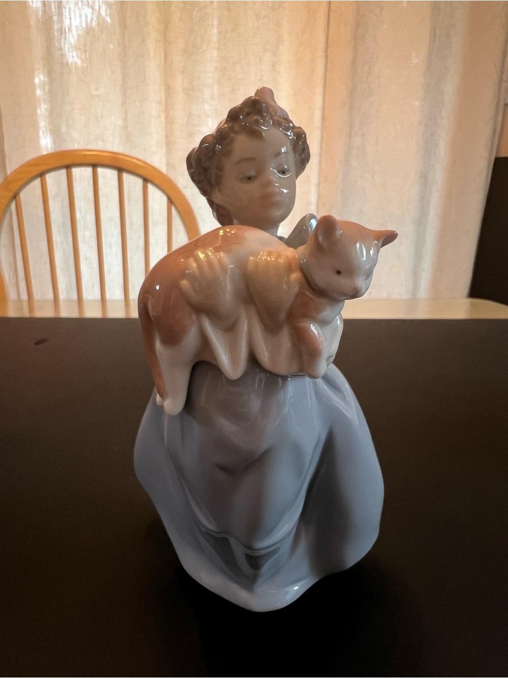 Lladro Porcelain Girl Figurine in Light Blue Robe with Cream & Tan Cat